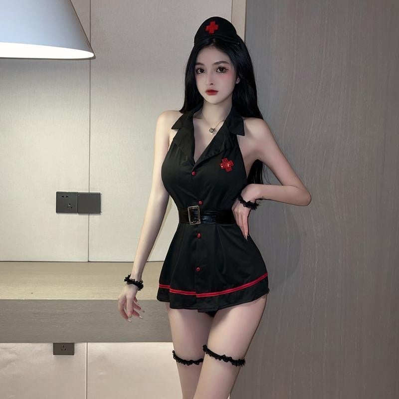 Image of Osherin erotic lingerie sexy nurse erotic uniform underwear black and white little nurse costume plus size bracelet set