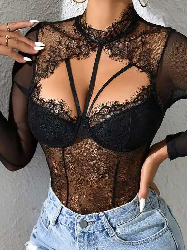 Image of Perspective Lace Bodysuits Chest Pad Transparent And Fashionable Spicy Girl Splicing Detachable Women’s Top With Hollow