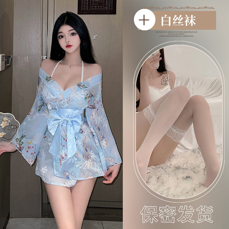 Plus size new erotic lingerie print Japanese bow kimono bathrobe uniform seduction sexy new Japanese pajamas - Sky blue