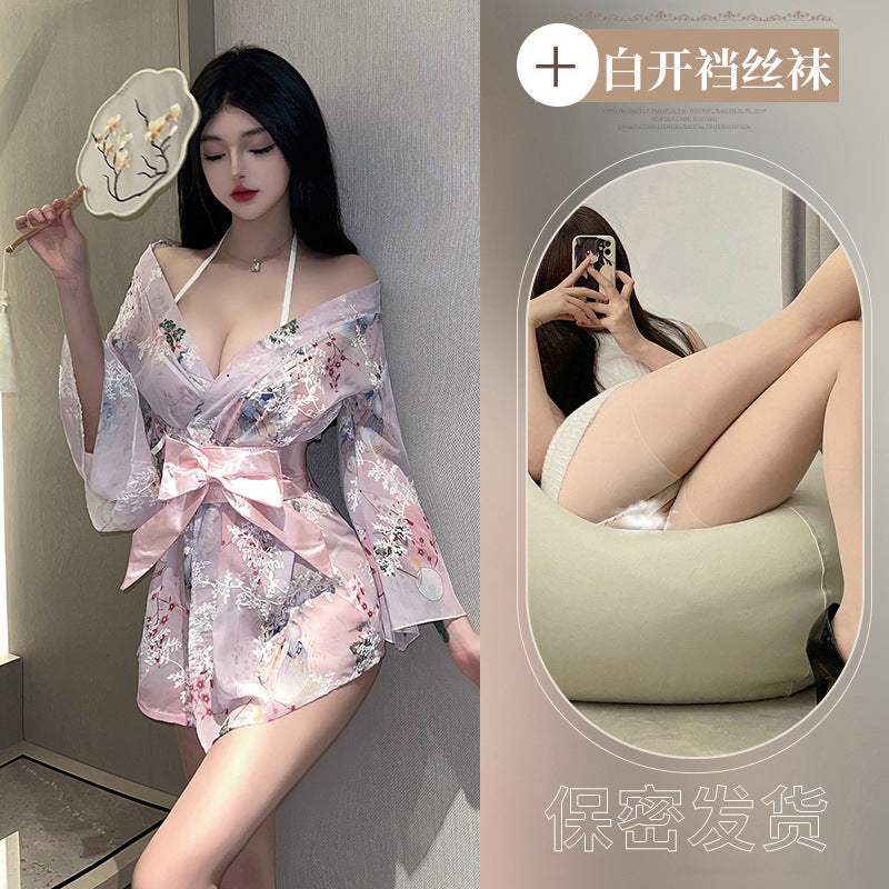 Plus size new erotic lingerie print Japanese bow kimono bathrobe uniform seduction sexy new Japanese pajamas - Pink