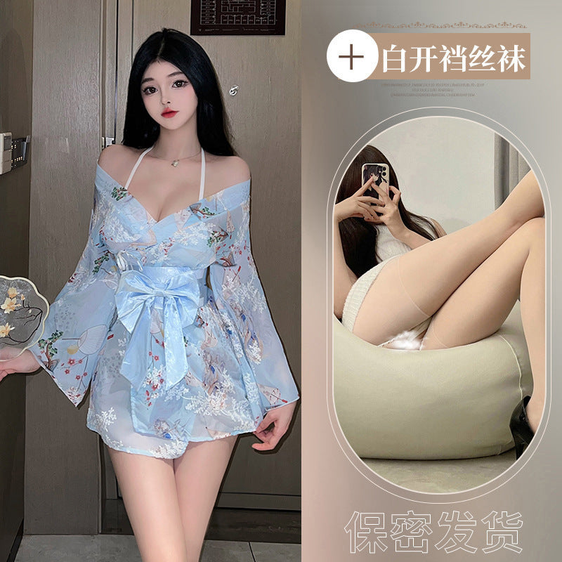 Plus size new erotic lingerie print Japanese bow kimono bathrobe uniform seduction sexy new Japanese pajamas - Sky blue