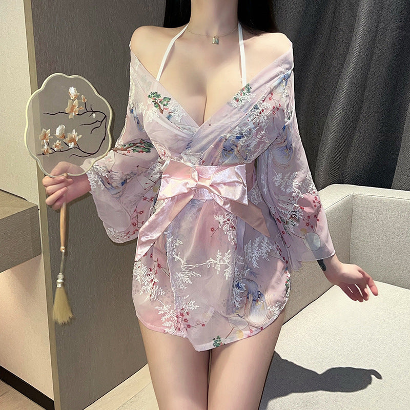 Plus size new erotic lingerie print Japanese bow kimono bathrobe uniform seduction sexy new Japanese pajamas - Sexy