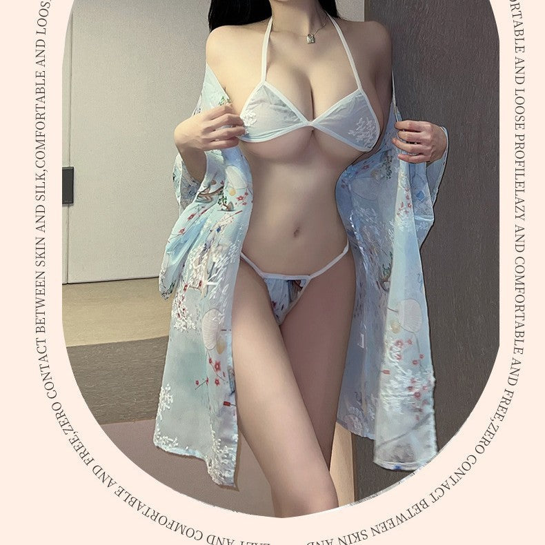 Plus size new erotic lingerie print Japanese bow kimono bathrobe uniform seduction sexy new Japanese pajamas - Sexy
