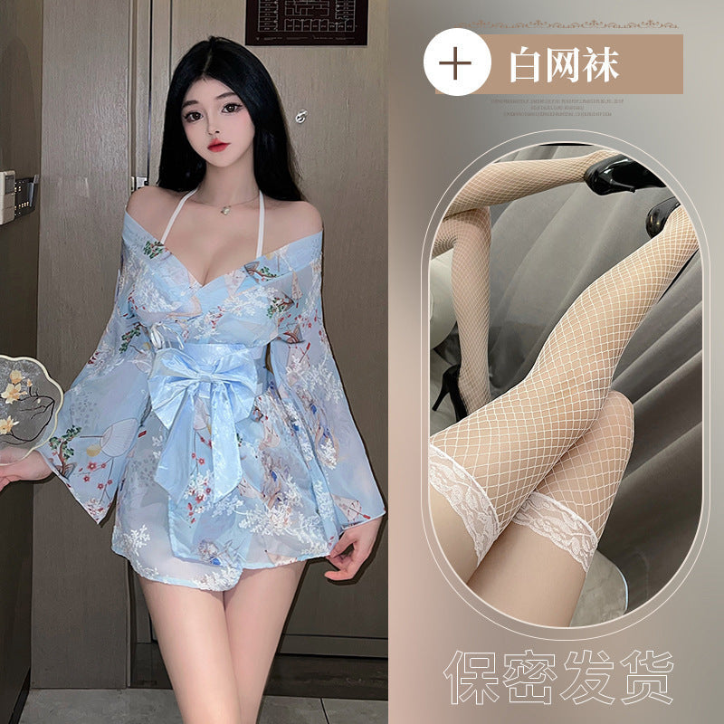 Plus size new erotic lingerie print Japanese bow kimono bathrobe uniform seduction sexy new Japanese pajamas - Sky blue