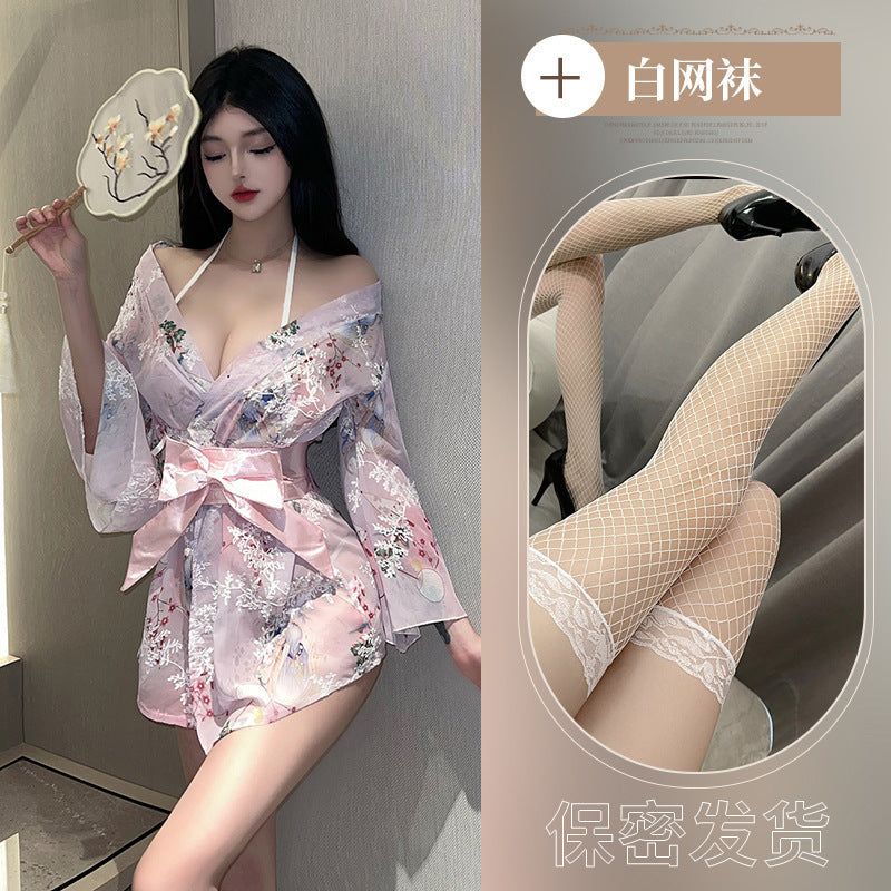 Plus size new erotic lingerie print Japanese bow kimono bathrobe uniform seduction sexy new Japanese pajamas - Pink