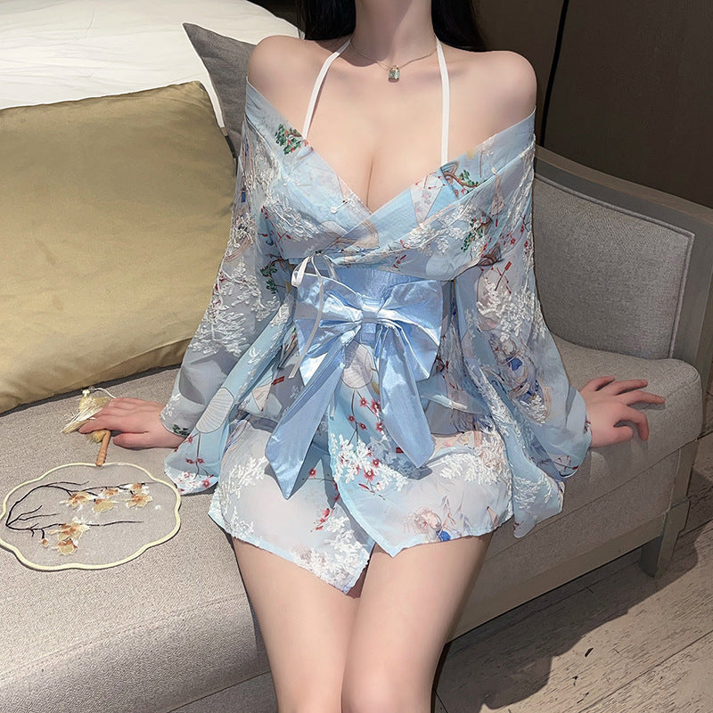 Plus size new erotic lingerie print Japanese bow kimono bathrobe uniform seduction sexy new Japanese pajamas - Sky Blue