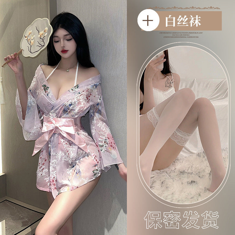 Plus size new erotic lingerie print Japanese bow kimono bathrobe uniform seduction sexy new Japanese pajamas - Pink