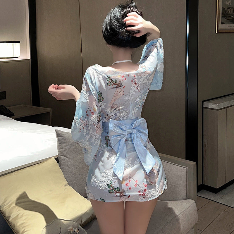 Plus size new erotic lingerie print Japanese bow kimono bathrobe uniform seduction sexy new Japanese pajamas - Sexy