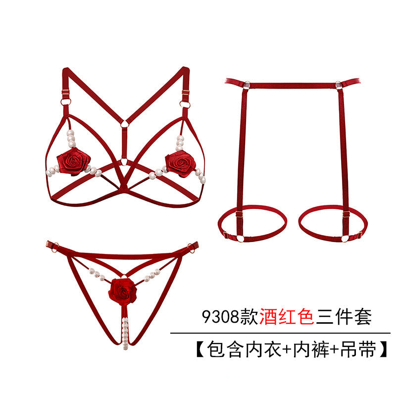 Plus-size sexy lingerie three-point suit extreme temptation thong female pearl massage opening stall no-take