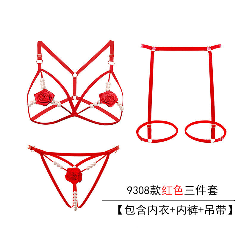 Plus-size sexy lingerie three-point suit extreme temptation thong female pearl massage opening stall no-take