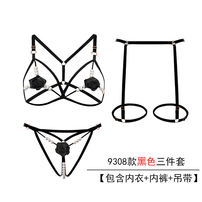 Plus-size sexy lingerie three-point suit extreme temptation thong female pearl massage opening stall no-take