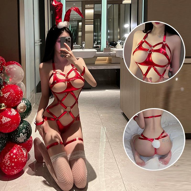 Image of rabbit girl tied up breastless nightclub uniform female temptation hot passion free SM Christmas suit - red / free size