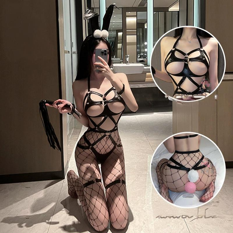 Image of rabbit girl tied up breastless nightclub uniform female temptation hot passion free SM Christmas suit - black / free