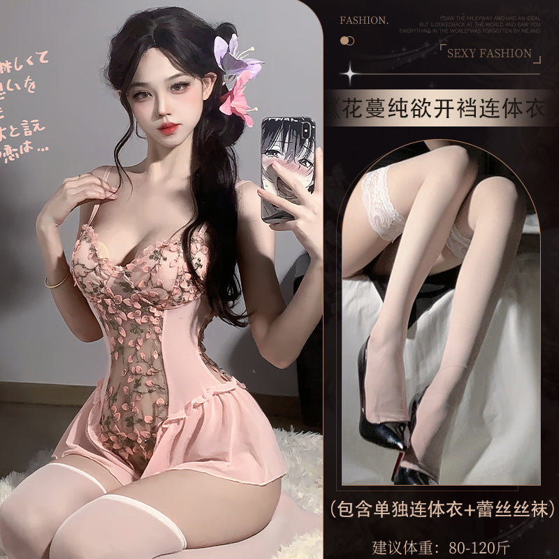 Rosecloud erotic lingerie floral sexy lingerie pure desire elegant suspender embroidery jumpsuit slim gathering mesh