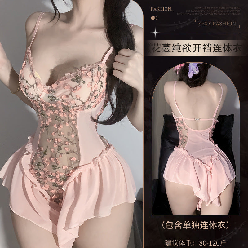 Rosecloud erotic lingerie floral sexy lingerie pure desire elegant suspender embroidery jumpsuit slim gathering mesh