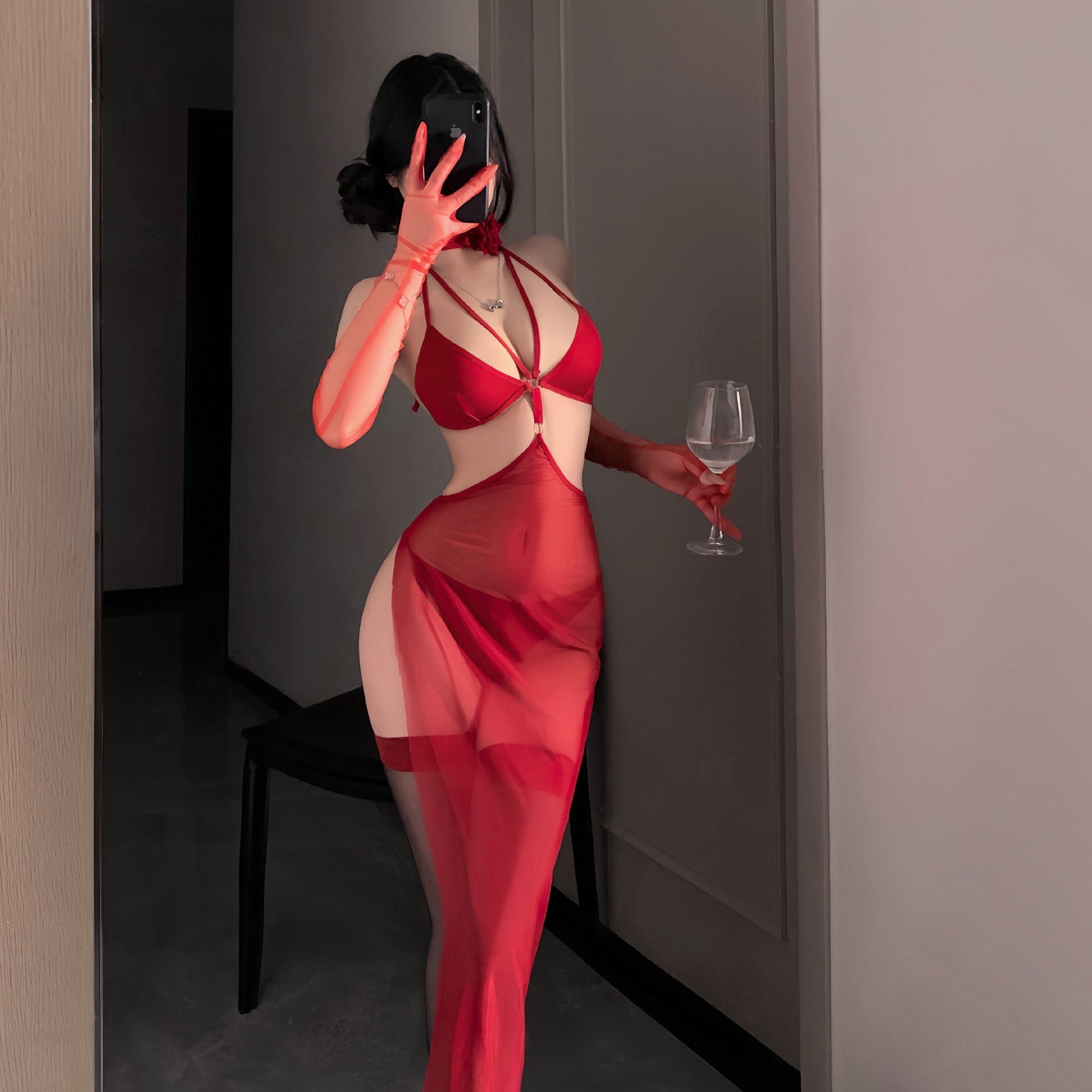 Image of Ruolan erotic underwear sexy suspender temperament royal sister backless halterneck mesh mom skirt Hanfu set 9232