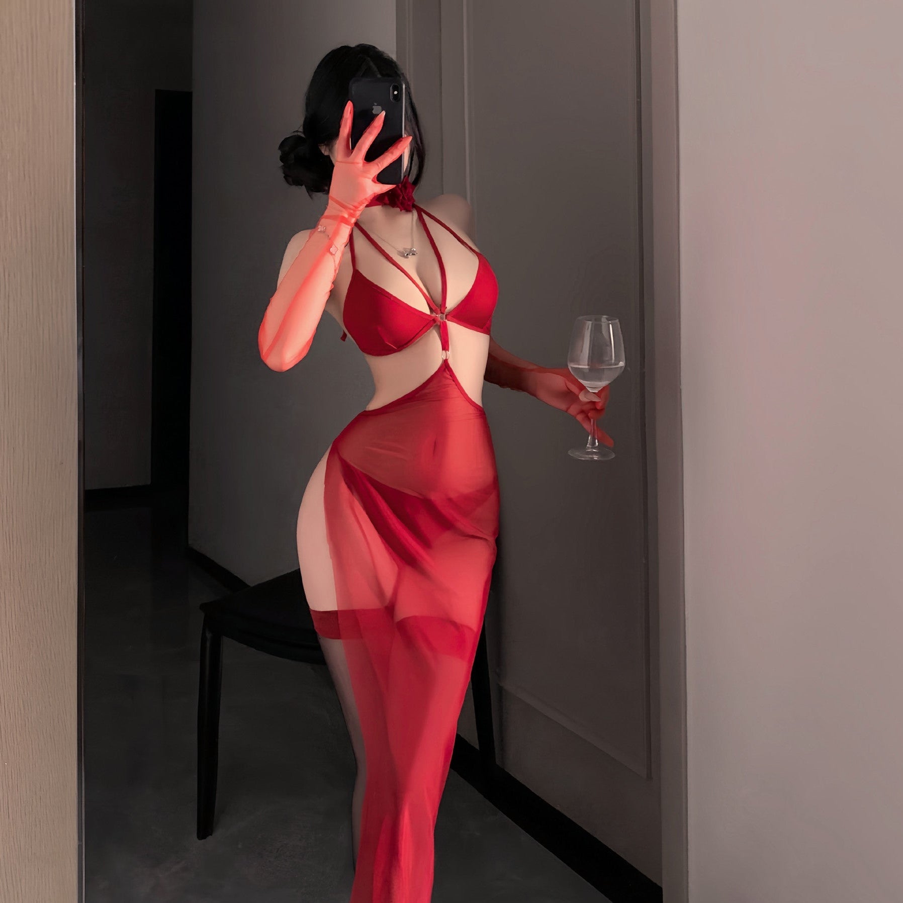 Image of Ruolan erotic underwear sexy suspender temperament royal sister backless halterneck mesh mom skirt Hanfu set 9232