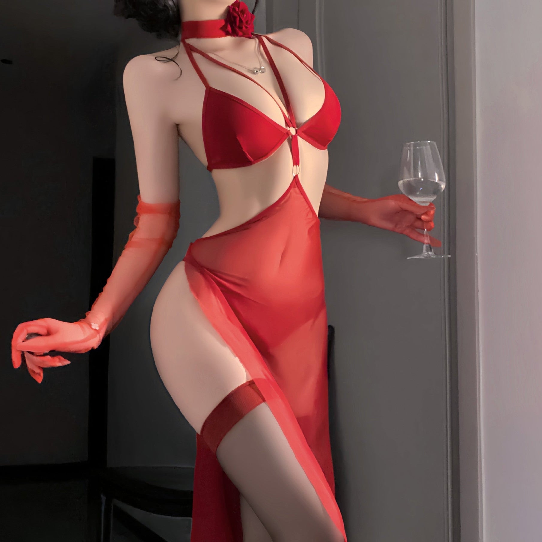 Ruolan erotic underwear sexy suspender temperament royal sister backless halterneck mesh mom skirt Hanfu set 9232