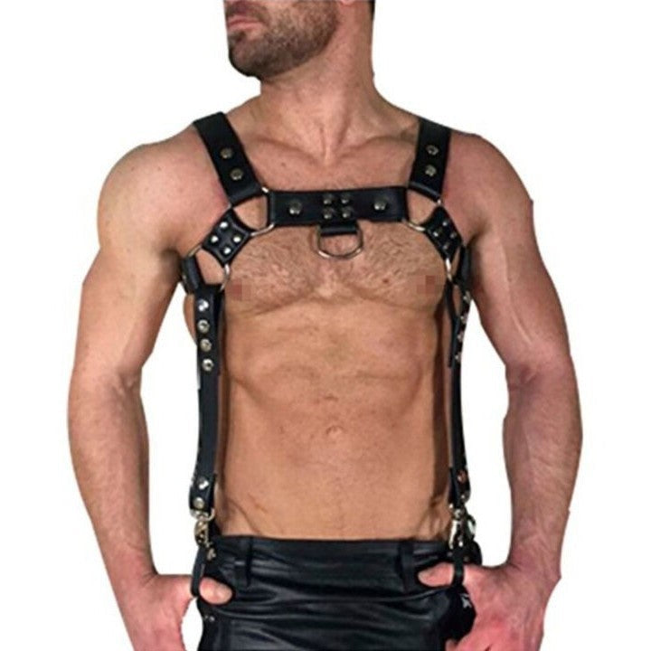 Image of Sex toy leather bondage belt sm prop gay man with a bondage corset tight leather jacket GAY leather pants suspender