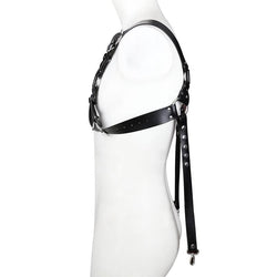 Image of Sex toy leather bondage belt sm prop gay man with a bondage corset tight leather jacket GAY leather pants suspender