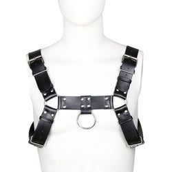 Image of Sex toy leather bondage belt sm prop gay man with a bondage corset tight leather jacket GAY leather pants suspender