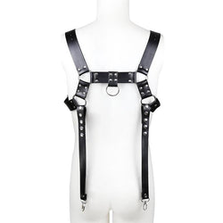 Image of Sex toy leather bondage belt sm prop gay man with a bondage corset tight leather jacket GAY leather pants suspender