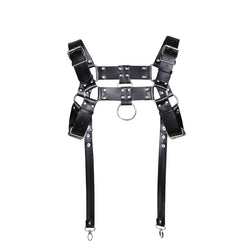 Image of Sex toy leather bondage belt sm prop gay man with a bondage corset tight leather jacket GAY leather pants suspender