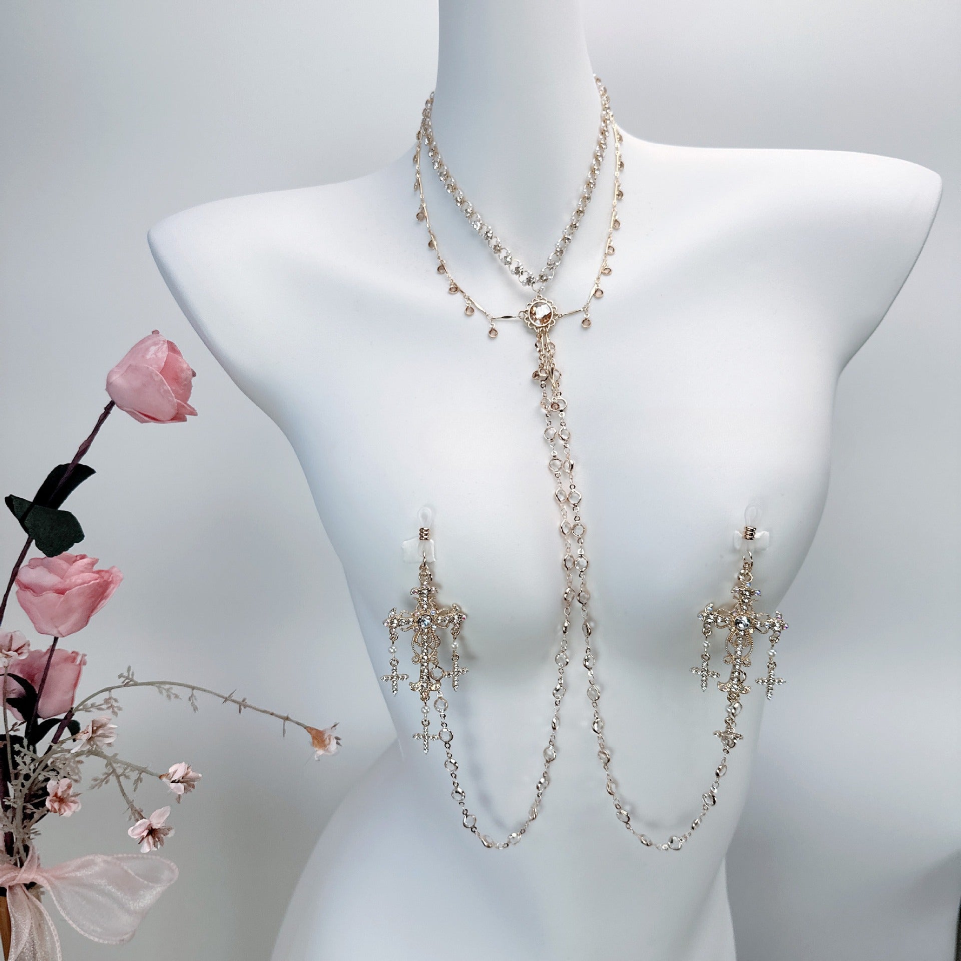 Image of sex toys diamond set cross baroque style necklace breast clamp waist chain anal plug sm stimulation training male