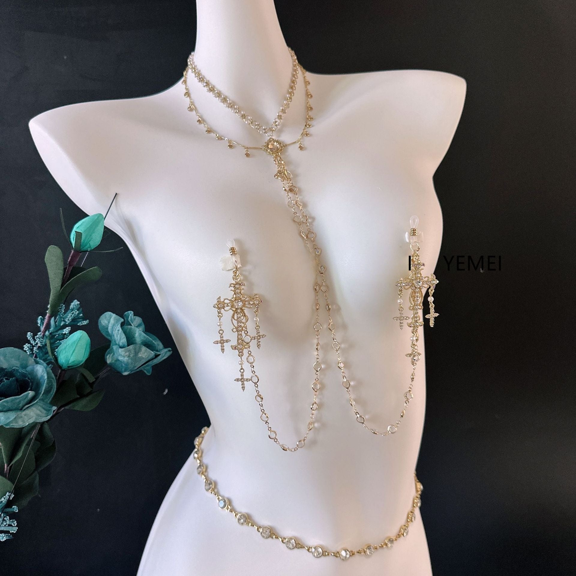 sex toys diamond set cross baroque style necklace breast clamp waist chain anal plug sm stimulation training male