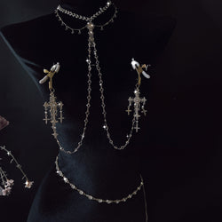 Image of sex toys diamond set cross baroque style necklace breast clamp waist chain anal plug sm stimulation training male