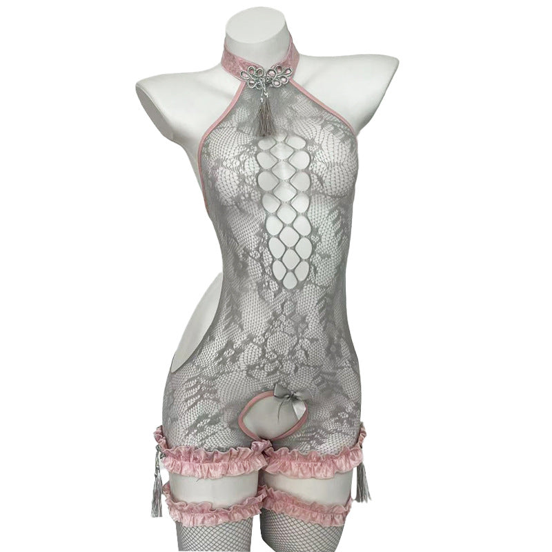Image of Sexual Affection Underwear Buckle Fringe Ornament Pure Desire See-Through Mesh One-Piece Open Crotch No-Take Pajama Set