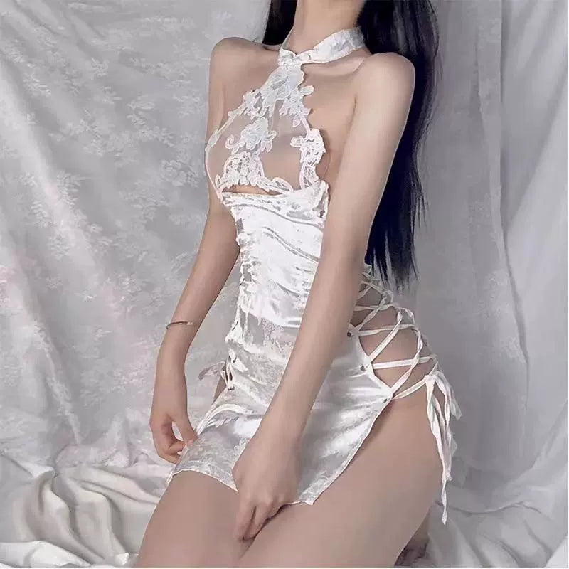 Sexy and sexy pajamas sexy underwear cheongsam temptation passion hollow straps high slits - white - Sexy lingerie