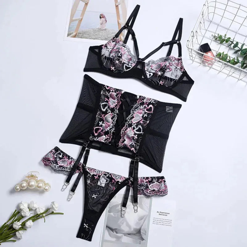 Image of Sexy Bra And Panties Set Lingerie Embroidery Erotic Bra And G String Thong Brief Sets Intimates Costumes Sex Women’s