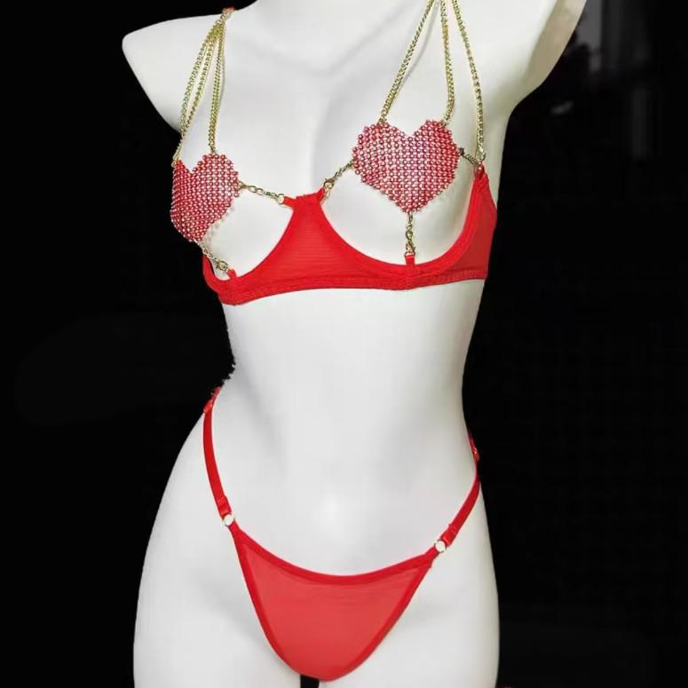 Sexy bra suit red underwear hollow sex fun gathering European and American lace - Sexy lingerie