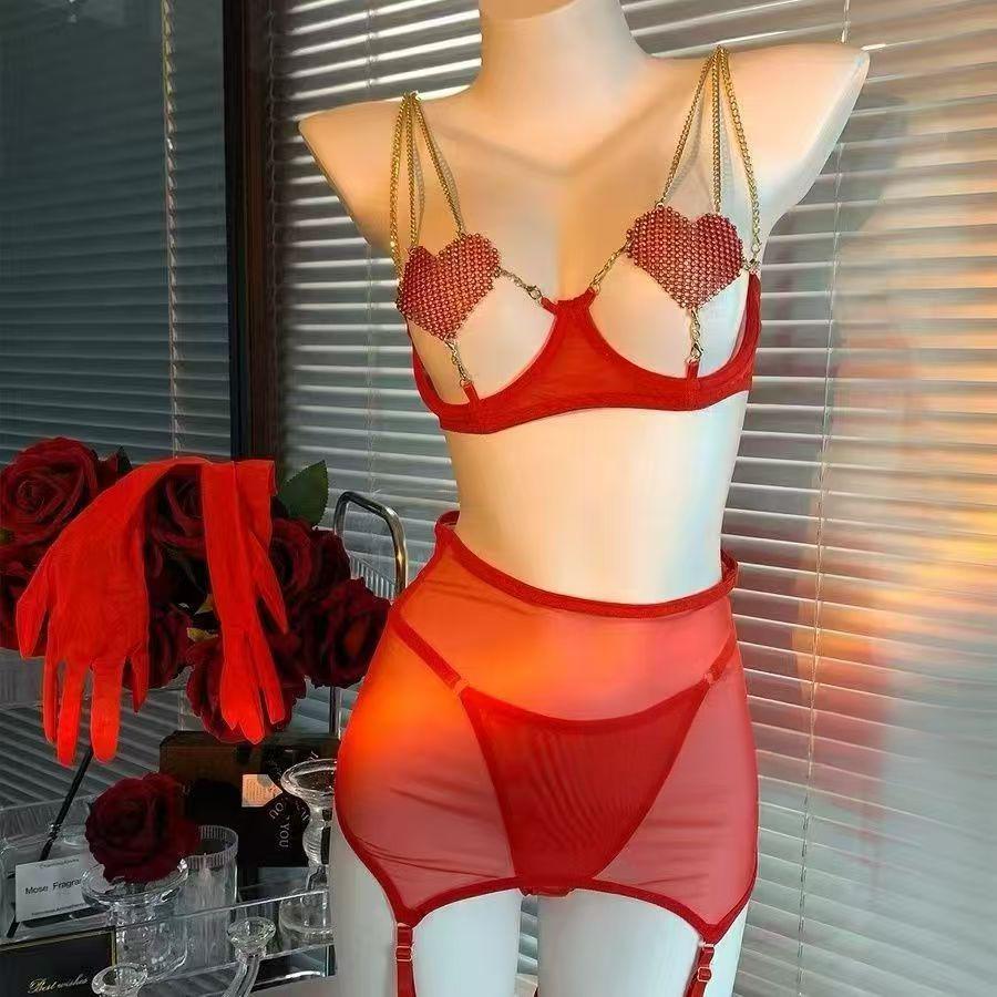 Image of Sexy bra suit red underwear hollow sex fun gathering European and American lace - Red two-piece / S - Sexy lingerie