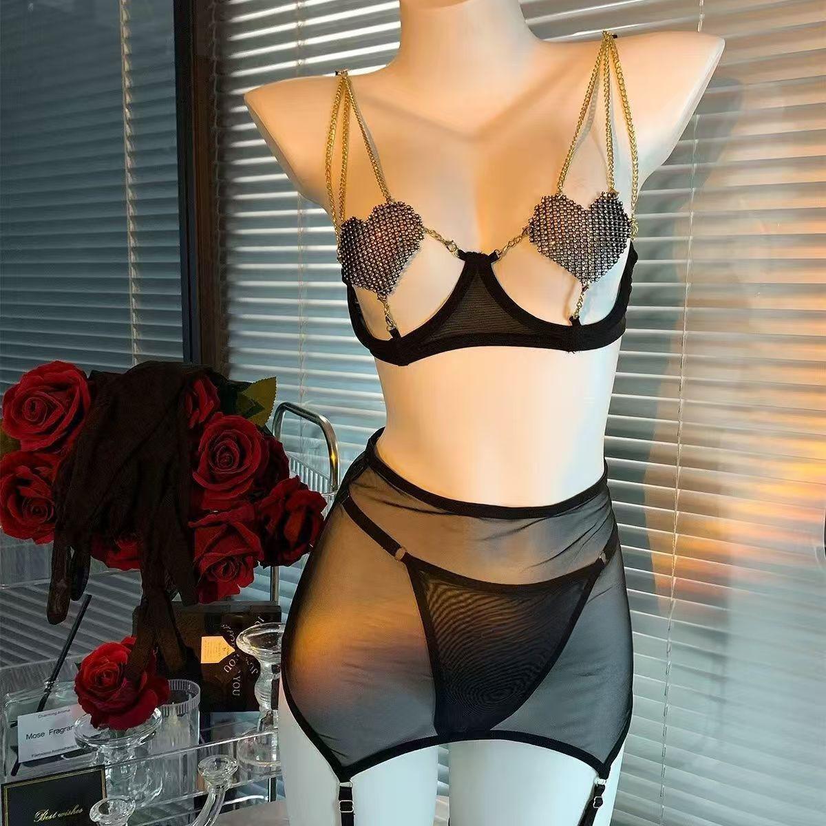 Sexy bra suit red underwear hollow sex fun gathering European and American lace - Black two-piece / S - Sexy lingerie