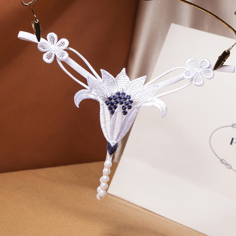 Sexy hot sex panties flower cut-out pearl massage low waist elastic temptation thong a rope 3053 - white / One size