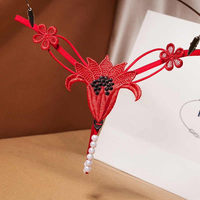 Image of Sexy hot sex panties flower cut-out pearl massage low waist elastic temptation thong a rope 3053 - red / One size