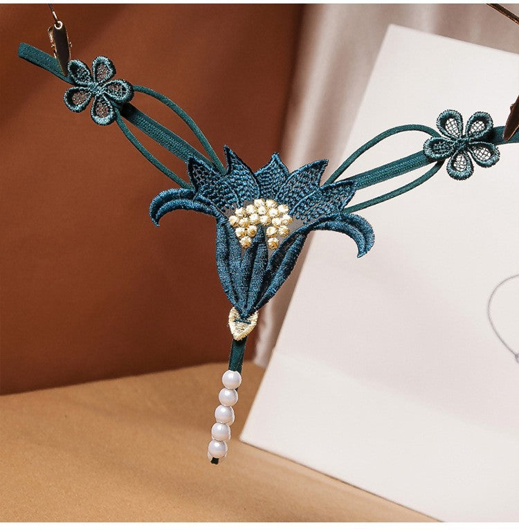 Sexy hot sex panties flower cut-out pearl massage low waist elastic temptation thong a rope 3053 - Dark green