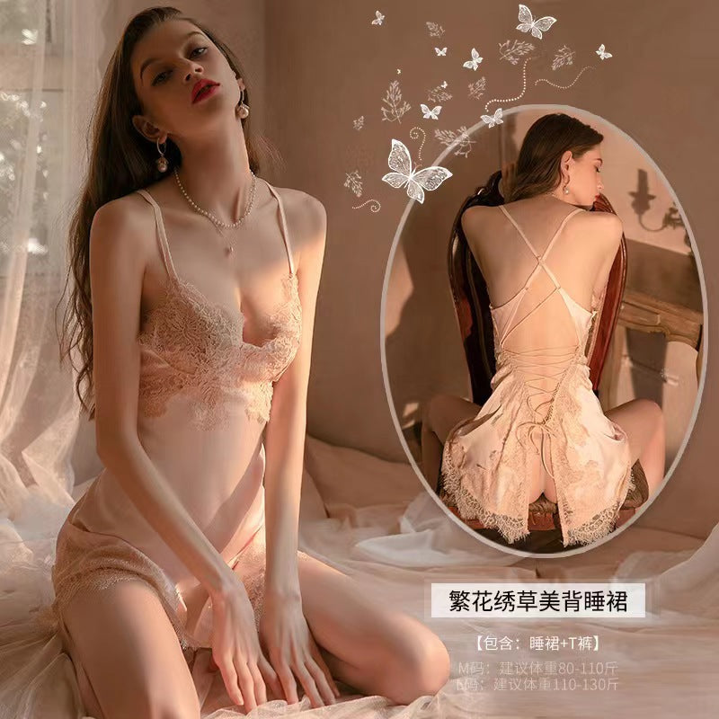Image of Sexy lace low-cut pajamas straps open back satin thin sundresses loungewear set supplies uniforms fall and winter