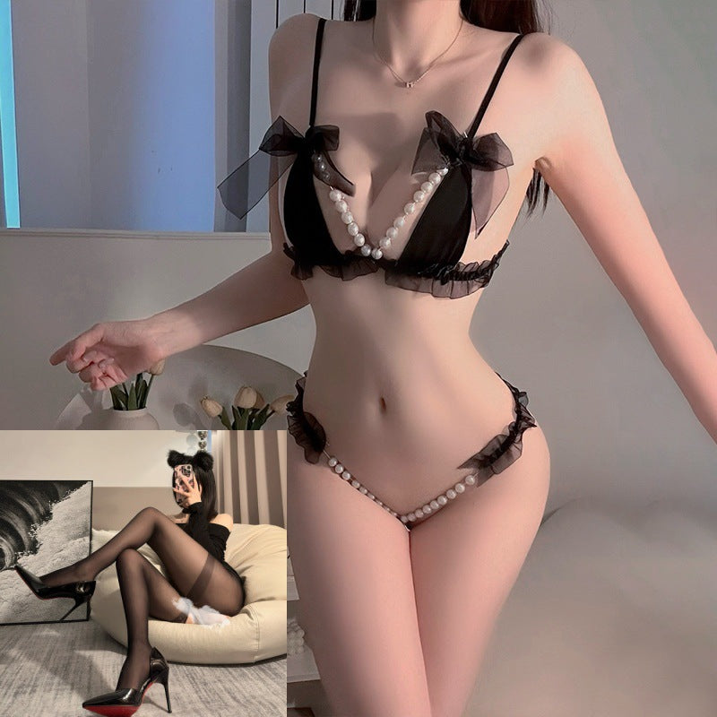 Sexy lace pearl three-point leaky breasts small breasts show big erotic lingerie women passion hot temptation thong