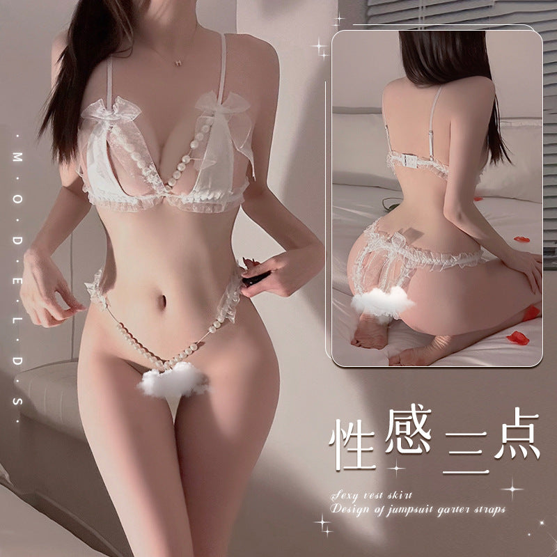 Sexy lace pearl three-point leaky breasts small breasts show big erotic lingerie women passion hot temptation thong