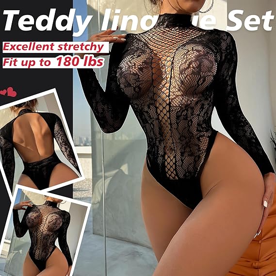 Image of Sexy Lingerie for Women Naughty Fishnet Lingerie Set Bodysuit Outfits Teddy Sheer Mesh Erotic - black / free size