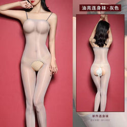 Image of Sexy lingerie sexy shiny high-gloss suspenders see-through tube top open crotch body stockings reflective transparent