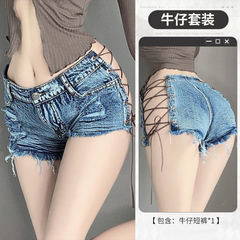 Image of sexy lingerie sexy women ripped jeans low rise zipper open pants hot pants nightclub seduction lingerie 8026 - 8029