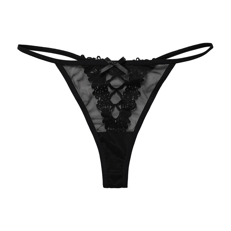 Image of Sexy thin strap patchwork lace thin sheer erotic T-panties Beautifully embroidered cotton crotch women’s thong - black
