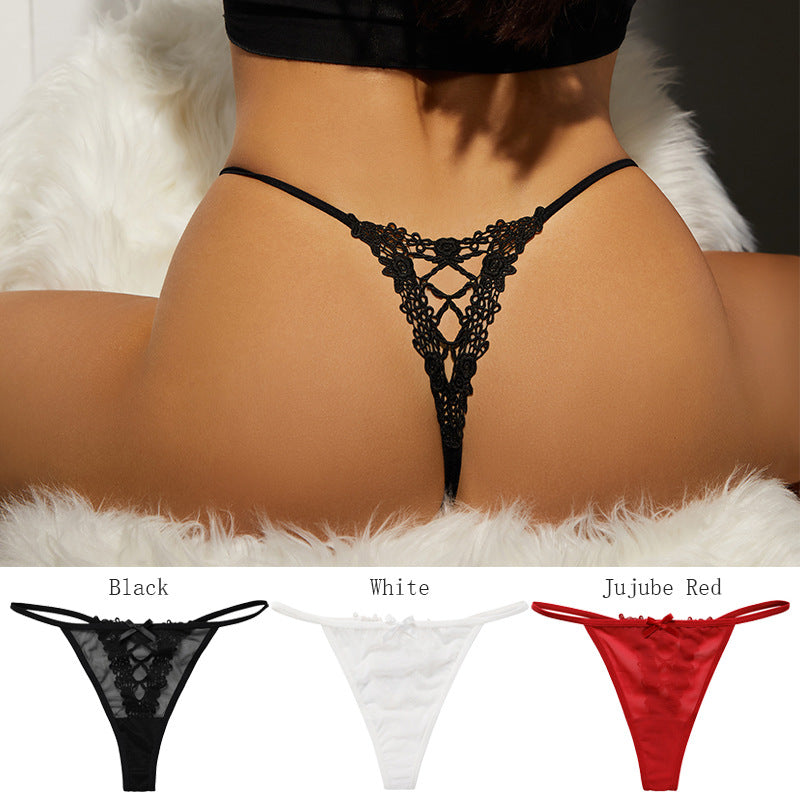 Sexy thin strap patchwork lace thin sheer erotic T-panties Beautifully embroidered cotton crotch women’s thong - Sexy