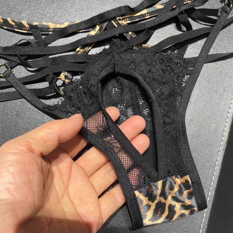 Image of sexy thong leopard print panties factory direct sales crotch temptation beautiful buttocks cut-out eyelashes lace