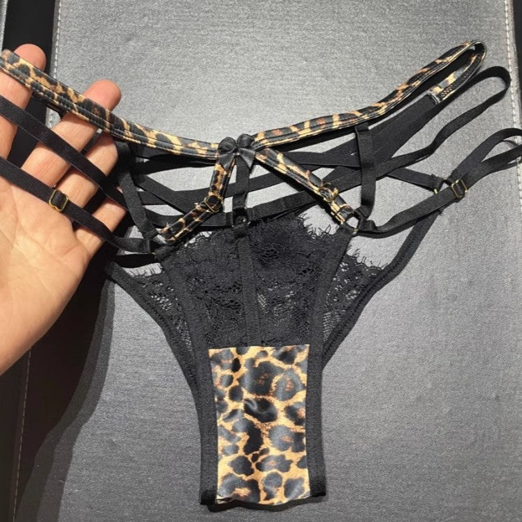 Image of sexy thong leopard print panties factory direct sales crotch temptation beautiful buttocks cut-out eyelashes lace