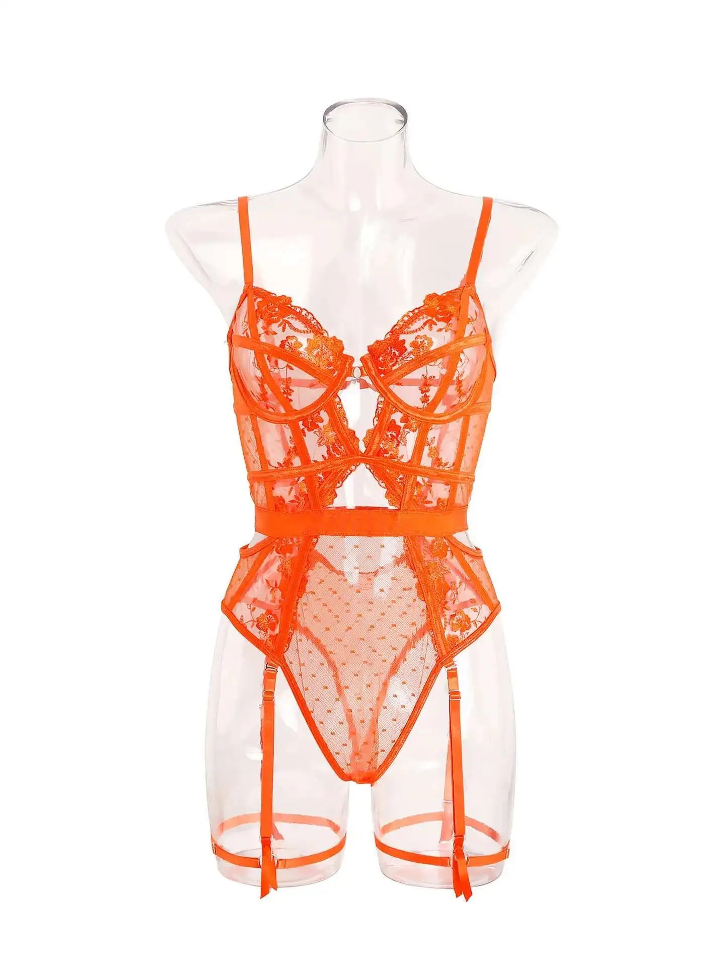 Image of Sexy Transparent Solid Color Flower Print Lace Mesh Bodysuits Backless Deep V Suspenders Sleeveless Bodysuits Pure